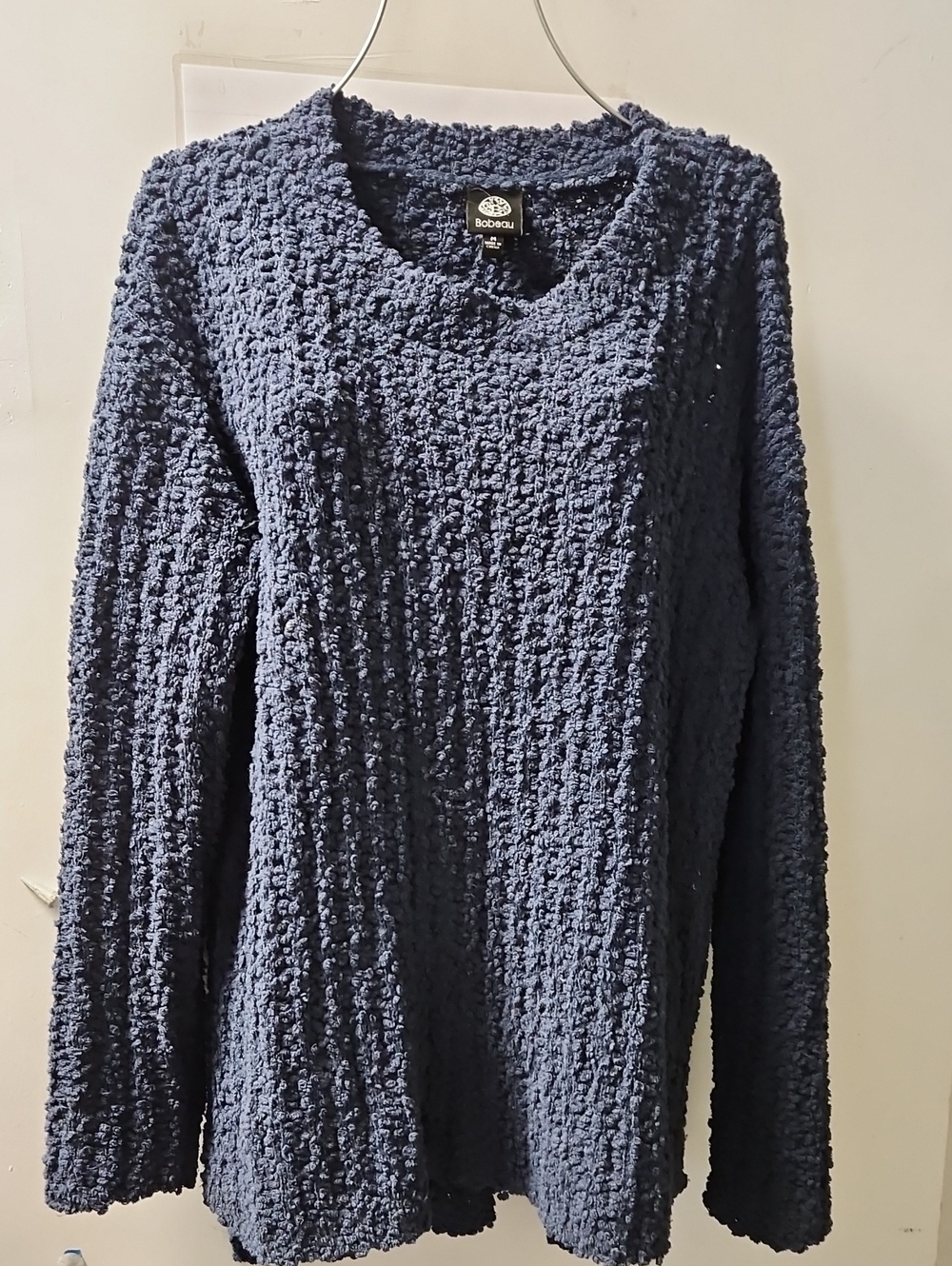 bobeau Navy Textured Waffle Crewneck Pullover